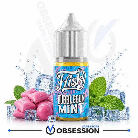 A bottle of 'The Fizzy' Bubblegum Mint e-liquid by Obsession VAPE STORE, styled with pink bubblegum candies, mint leaves, and ice cubes on a white background with a water splash effect.