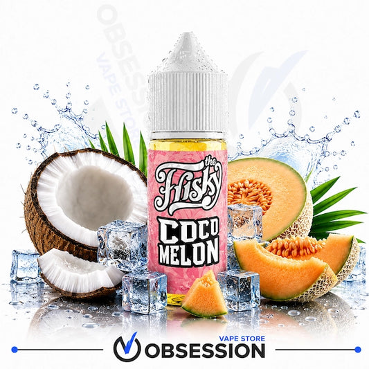 A bottle of Obsession Vape Co 'The Fish's Coco Melon' e-liquid centered against a white background with water splash graphics, surrounded by fresh fruit props including a halved coconut, sliced cantaloupe melon, green leaves, and ice cubes. The bottle label is pink with white and black text.