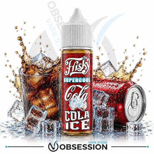 A bottle of Fisk's Cola Ice e-liquid centered against a white background, surrounded by a glass of iced cola with a splash, ice cubes, a red soda can, and water droplets. The bottle label reads 'Fisk's Supercool Cola ICE'.