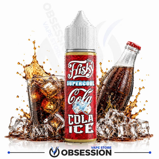 A bottle of Fisk's Supercool Cola Ice e-liquid centered on a white background, surrounded by a glass of cola with ice, a cola bottle, and a dramatic splash. The Obsession vape store logo is visible at the bottom.