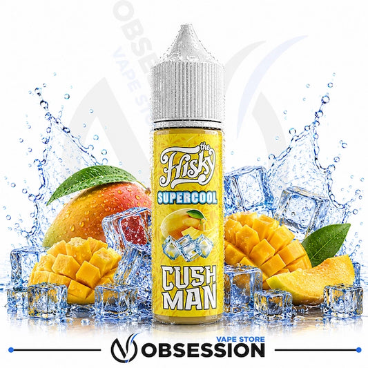 A bottle of Frisky Supercool Cush Man e-liquid by Obsession Vapes, styled with fresh mangoes, ice cubes, and water splashes on a white background.