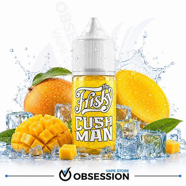 A bottle of Obsession 'The Fisky Cush Man' e-liquid centered against a white background, surrounded by fresh mangoes, ice cubes, and water splashes. The bottle label is bright yellow with white and black stylized text, and the Obsession brand logo is visible at the bottom.