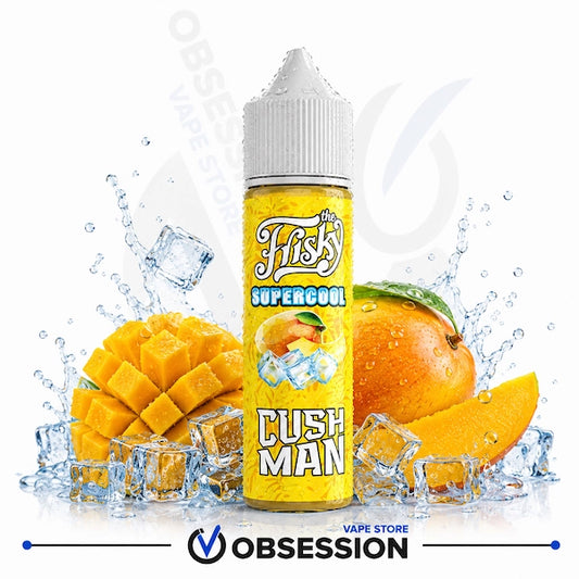 A bottle of 'The Fish' Supercool 'Cush Man' e-liquid centered on a white background, surrounded by graphic elements of fresh mangoes, sliced mango, ice cubes, and water splashes. The Obsession brand logo is visible at the bottom.