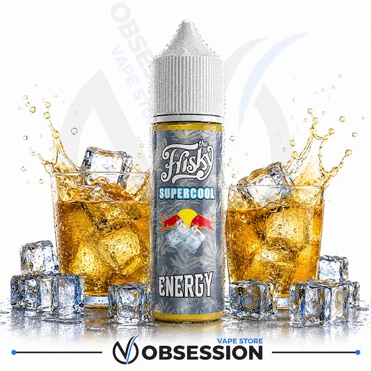 A bottle of Obsession by His Supercool Energy vape liquid centered on a white background, flanked by two glasses of iced amber drink with ice cubes and splash effects. The bottle label reads 'His Supercool Energy' with a gray, white, and blue design.