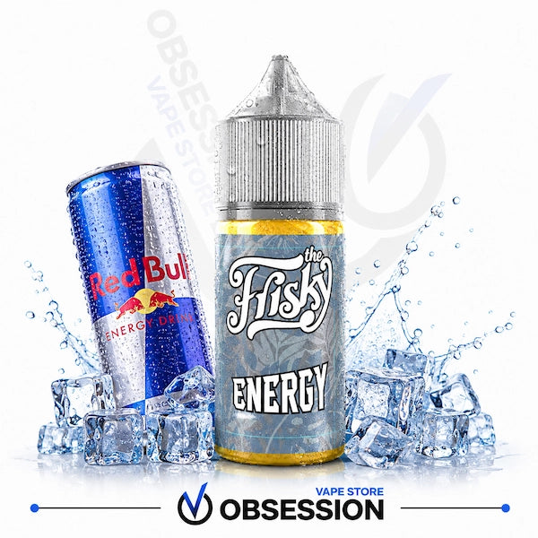 A bottle of 'The Fizzy Energy' e-liquid by Obsession Vape Store is shown next to a can of Red Bull Energy Drink, surrounded by ice cubes and water splashes on a white background.