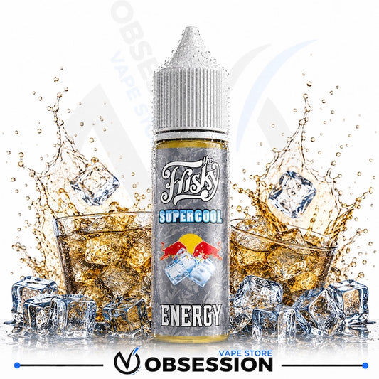 A 60ml e-liquid bottle labeled 'Fisk's Energy Supergcool' stands in the center, surrounded by dynamic graphics of ice cubes, water splashes, and a glass of amber liquid on a white background. The Obsession Vape Store logo is visible at the bottom.