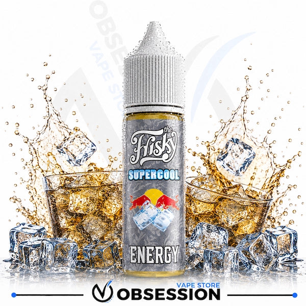 A 60ml e-liquid bottle labeled 'Fisk's Energy Supergcool' stands in the center, surrounded by dynamic graphics of ice cubes, water splashes, and a glass of amber liquid on a white background. The Obsession Vape Store logo is visible at the bottom.