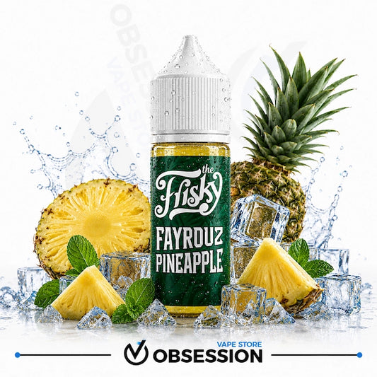 A bottle of 'The Fisk's' 'Fayrouz Pineapple' e-liquid centered on a white background, surrounded by fresh pineapple slices, whole pineapples, mint leaves, and ice cubes with water splashes. The Obsession brand logo is visible at the bottom.