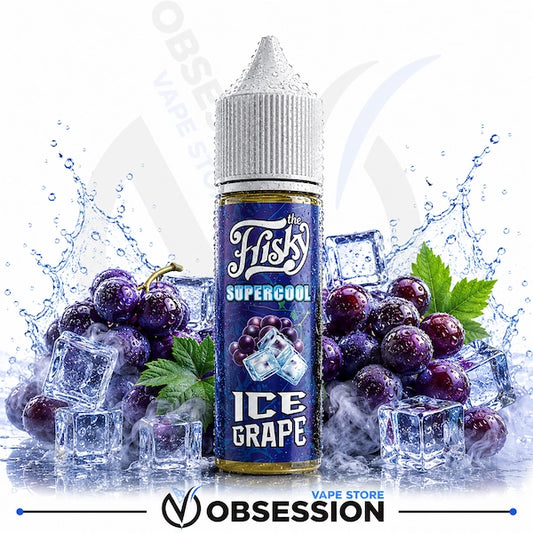 A bottle of 'The Fisk's' Ice Grape Supergcool e-liquid centered against a white background with water splashes, ice cubes, and purple grapes. The bottle has a blue label with white text and a white ribbed cap.