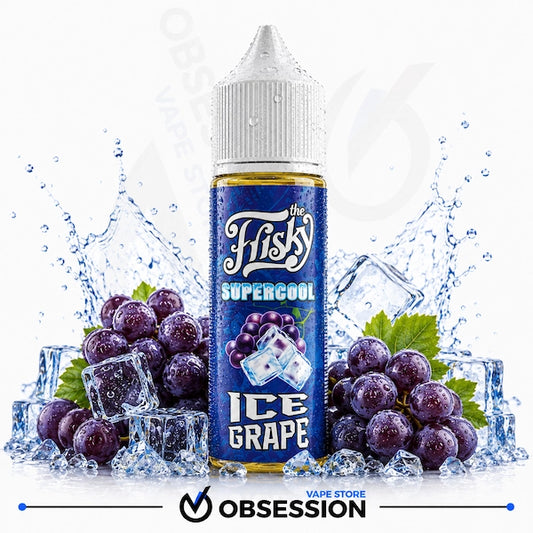 A bottle of 'The Frisky' Supercool Ice Grape e-liquid centered against a white background with water splashes, purple grapes, ice cubes, and green leaves. The bottle label is dark blue with white and light blue text.