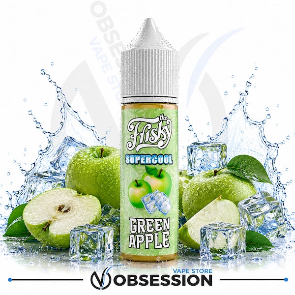 A bottle of Frishy Supercool Green Apple e-liquid centered against a white background with green apples, sliced fruit, ice cubes, and water splashes. The bottle label is light green with white and dark green text.