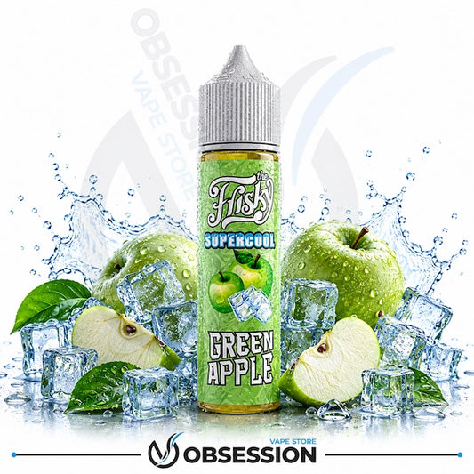 A bottle of Fish's Supercool Green Apple e-liquid centered on a white background, surrounded by green apples, ice cubes, and water splashes. The bottle label shows the brand 'Fish's' and flavor 'Green Apple'.
