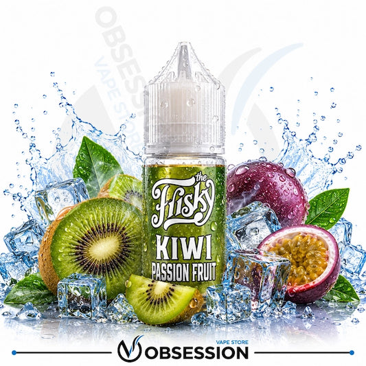 A bottle of Kiwi Passion Fruit e-liquid by The Fishy Vapes, styled with fresh kiwi slices, a halved passion fruit, ice cubes, and water splashes on a white background. The Obsession Vape Store logo is visible at the bottom.