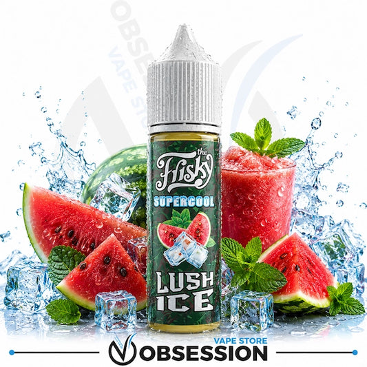 A bottle of 'The Fhiski' Lush Ice Supercool e-liquid centered against a white background, surrounded by watermelon slices, mint leaves, a glass of red drink, and ice cubes. A 'Obsession Vape Store' watermark is visible at the bottom.