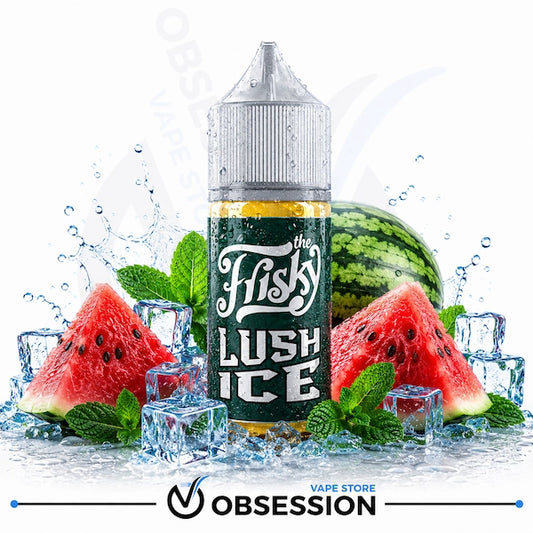 A bottle of e-liquid labeled 'The Frisky Lush Ice' is centered against a white background, surrounded by watermelon slices, mint leaves, ice cubes, and a watermelon rind with water splashes. A 'Obsession' store watermark is visible at the bottom.