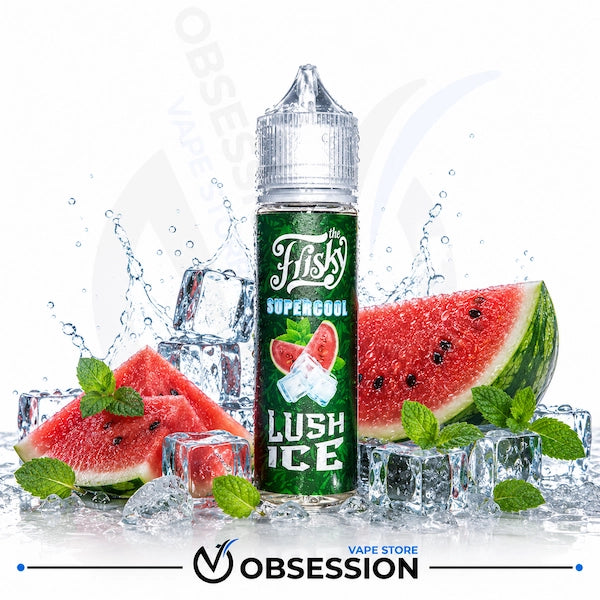 A bottle of Fisk's Lush Ice 'Supergcool' e-liquid centered against a white background, surrounded by watermelon slices, mint leaves, ice cubes, and water splashes. The bottle label is dark green with white text, and the bottom of the image features an 'Obsession Vape Store' watermark.