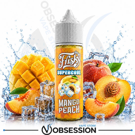 A bottle of 'The Frisky' Mango Peach Supercool e-liquid by Obsession Vape Store, centered against a dynamic background of sliced peaches, a whole peach, diced mango, ice cubes, and water splashes.