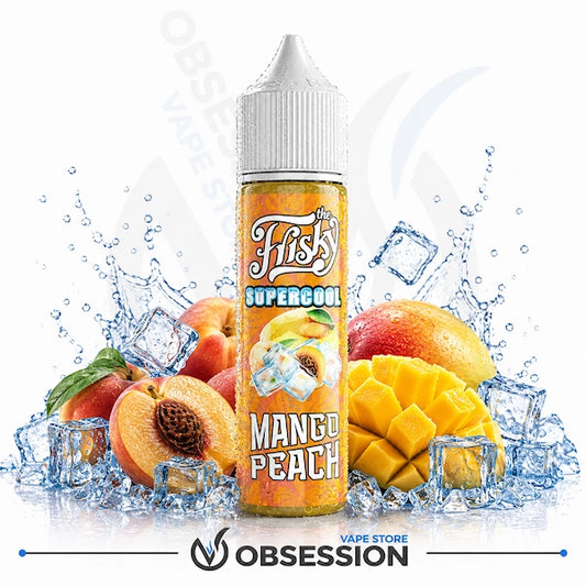 A bottle of Fishy Supercool Mango Peach e-liquid centered on a white background, surrounded by sliced peaches, mango pieces, ice cubes, and water splashes. The bottle label shows the brand name Fishy and the flavor name Mango Peach.