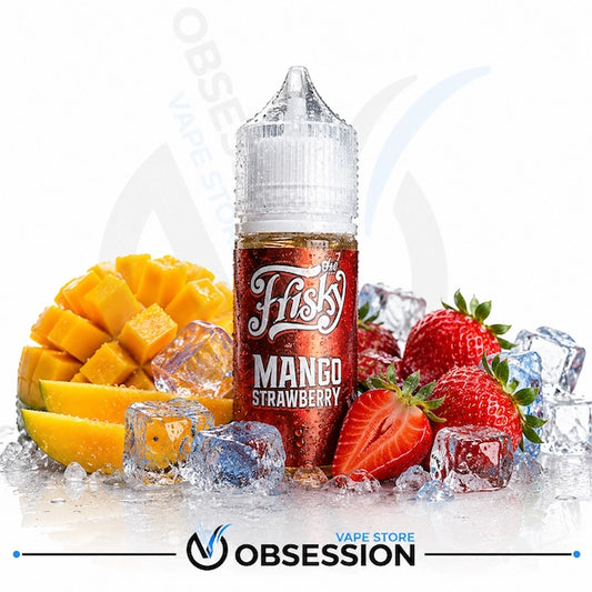 A bottle of Obsession Fisk's Mango Strawberry e-liquid centered on a white background, surrounded by fresh sliced strawberries, diced mango, and ice cubes. The bottle label is red with white text, and the Obsession brand logo is visible at the bottom.