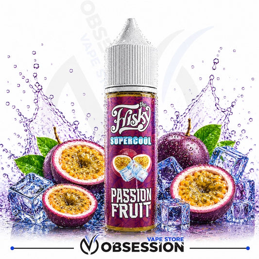 A bottle of 'The Frisky Supercool' Passion Fruit e-liquid by Obsession Vape, styled with fresh passion fruit, ice cubes, and water splashes on a white background.