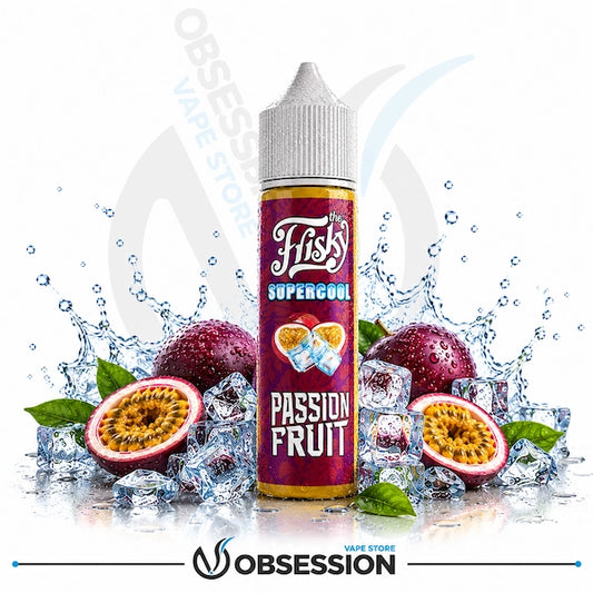 A bottle of Fisk Supercool Passion Fruit e-liquid centered on a white background, surrounded by water splashes, ice cubes, whole and halved passion fruit, and green leaves. The bottle label is dark red/purple with white text and fruit graphics.