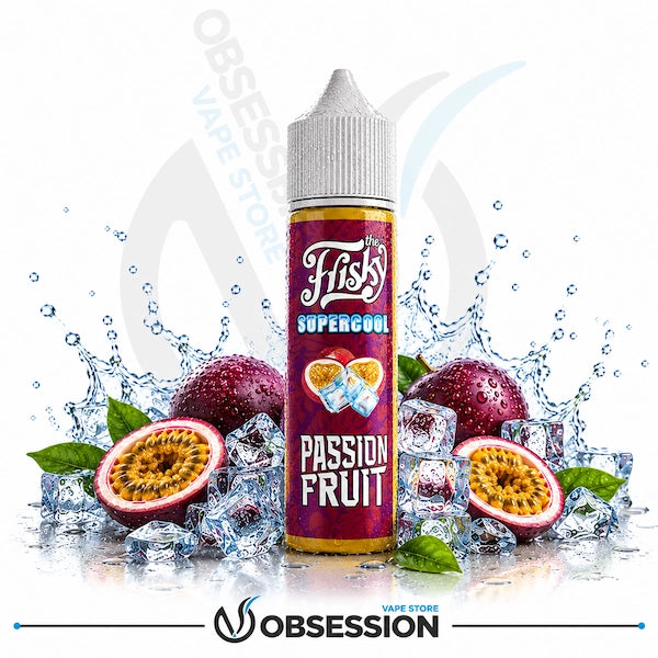 A bottle of Fisk Supercool Passion Fruit e-liquid centered on a white background, surrounded by water splashes, ice cubes, whole and halved passion fruit, and green leaves. The bottle label is dark red/purple with white text and fruit graphics.