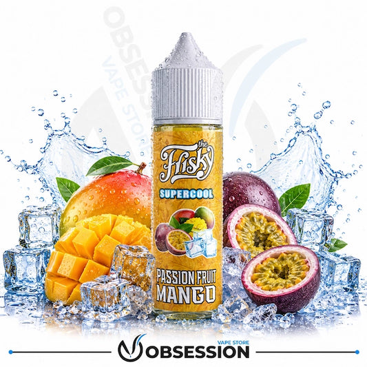 A bottle of Fiski Supercool Passion Fruit Mango e-liquid centered on a white background, surrounded by illustrated and photographic mangoes, passion fruit, ice cubes, and water splashes. The Obsession brand logo appears at the bottom.