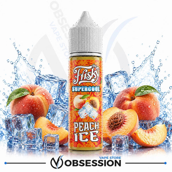 A bottle of Fisk's The 'Hustler' Supercool Peach Ice e-liquid is centered against a dynamic background of fresh peaches, peach slices, ice cubes, and water splashes. The bottle features a white ribbed cap and a vibrant orange label with white and blue text.