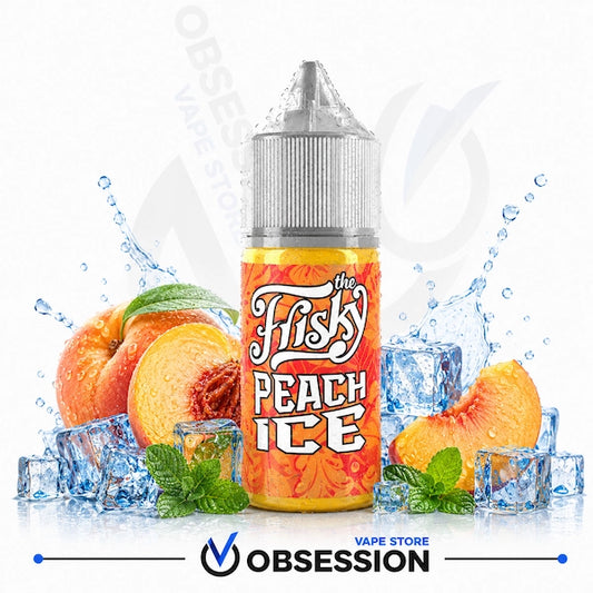 A bottle of 'The Fishy Peach Ice' e-liquid by Obsession is centered against a white background, surrounded by graphic elements of fresh peaches, mint leaves, ice cubes, and water splashes. The bottle features a bright orange and yellow label with white stylized text.