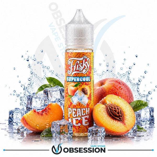 A bottle of FISHY Supercool Peach Ice e-liquid centered on a white background, surrounded by sliced peaches, whole peaches, ice cubes, and water splashes. The bottle label shows the FISHY brand and peach graphics.