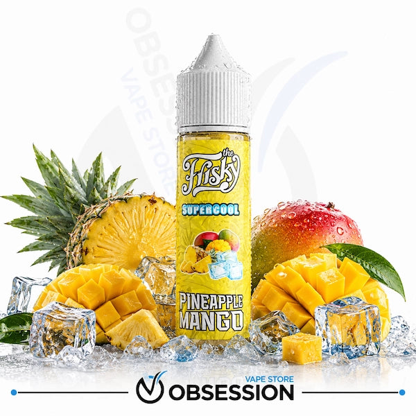 A bottle of Flisky Supercool Pineapple Mango e-liquid centered on a white background, surrounded by fresh pineapple, mango, ice cubes, and green leaves. The bottle label is bright yellow with the Flisky brand logo and 'PINEAPPLE MANGO' text.
