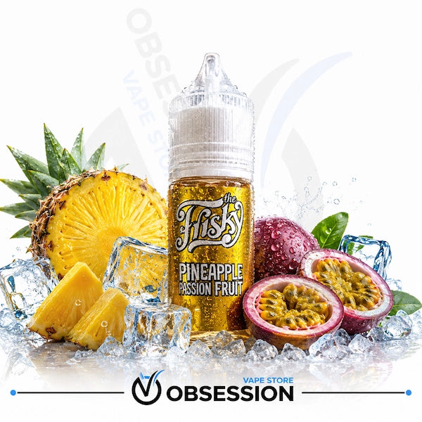A bottle of Fishy Pineapple Passion Fruit e-liquid centered on a white background, surrounded by fresh pineapple slices, passion fruit halves, ice cubes, and green leaves. The bottle label reads 'Fishy' and 'PINEAPPLE PASSION FRUIT.