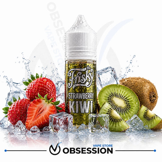 A bottle of Obsession Fizzy Strawberry Kiwi e-liquid stands in the center, surrounded by fresh strawberries, kiwi slices, kiwi pulp, ice cubes, and water splashes on a white background. The bottle label reads 'Fizzy STRAWBERRY KIWI'.