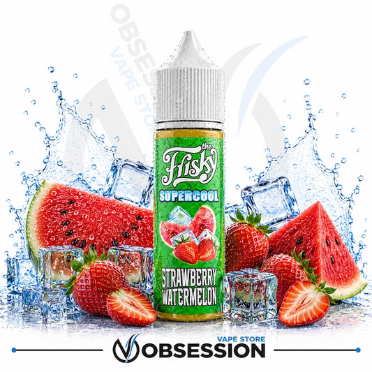 A bottle of 'The Hisky' Strawberry Watermelon e-liquid centered against a white background with water splashes, ice cubes, and fresh strawberries and watermelon slices. The bottle label is green with white text, and the brand 'Obsession' is visible at the bottom.