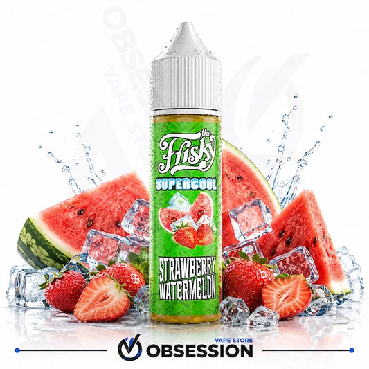 A bottle of Frisky SuperCool Strawberry Watermelon e-liquid centered against a white background, surrounded by watermelon slices, strawberries, ice cubes, and water splashes. The bottle label is green with white and red graphics, and the Obsession Vape Store logo is visible at the bottom.