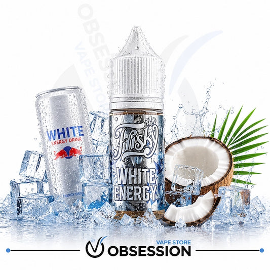 A bottle of Obsession by Whiskers 'White Energy' e-liquid is displayed on a white background with ice cubes, a crushed coconut, a green palm leaf, and a Red Bull can. The Obsession brand logo is visible at the bottom.
