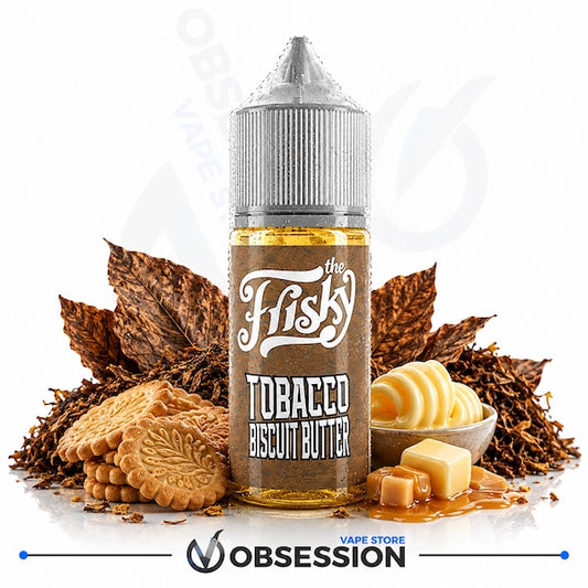 A bottle of 'The Frisky' Tobacco Biscuit Butter e-liquid centered on a white background, surrounded by thematic props including tobacco leaves, biscuits, butter, and caramel. The Obsession brand logo is visible at the bottom.