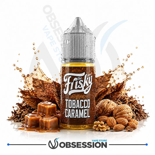A bottle of 'The Frisky' Tobacco Caramel e-liquid by Obsession, styled with caramel cubes, walnuts, pecans, and autumn leaves on a white background with a liquid splash effect.