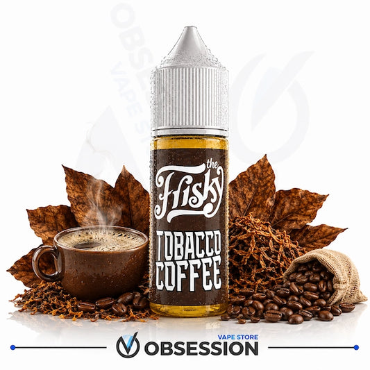 A bottle of 'The Frisky Tobacco Coffee' e-liquid centered on a white background, surrounded by coffee beans, a cup of coffee with steam, and brown leaves. A 'Obsession' store watermark is visible at the bottom.