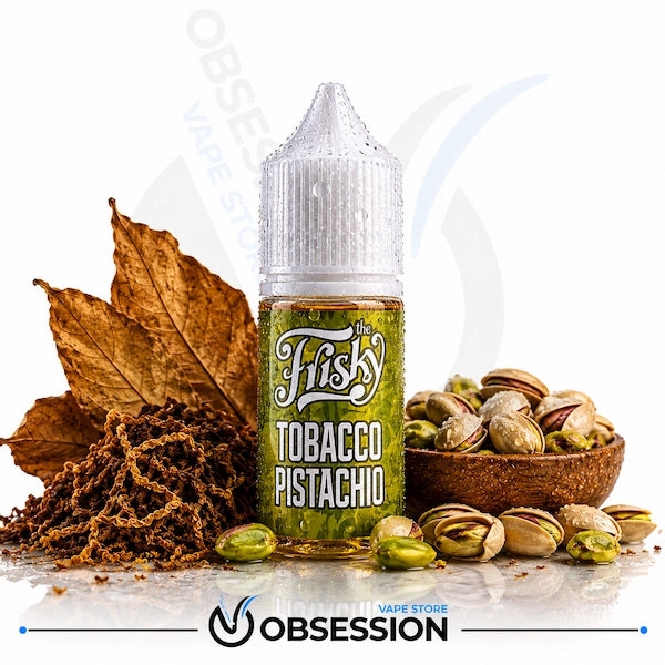 A bottle of Obession 'Fishy' Tobacco Pistachio e-liquid vape juice, styled with pistachios in a bowl, loose pistachios, tobacco leaves, and tobacco residue on a reflective white surface.