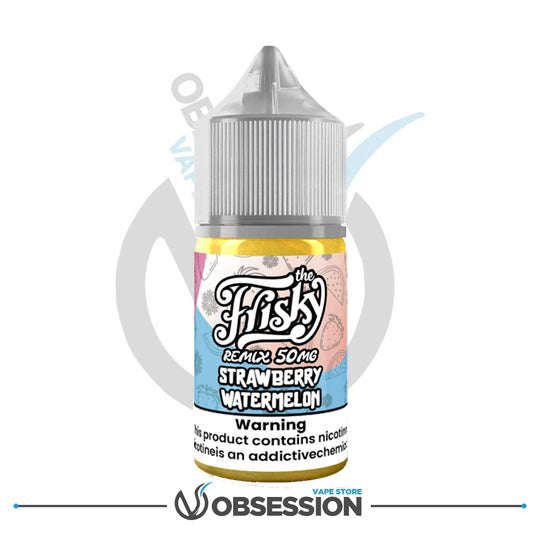 Vape juice bottle labeled 'The Flitsy Remix 50mg Strawberry Watermelon' with a warning label on a white background.
