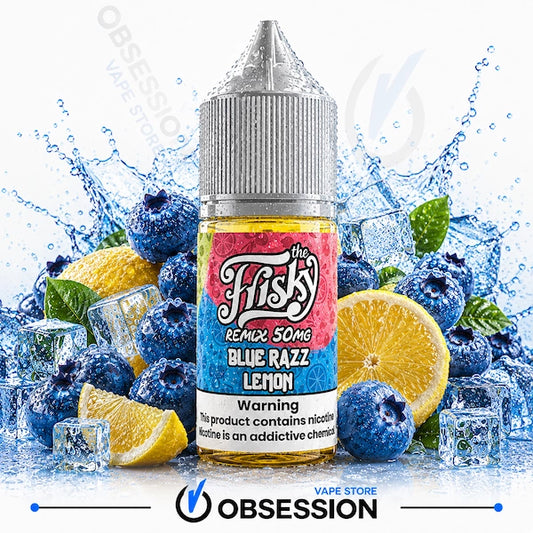 A bottle of e-liquid centered against a white background with a fruit and ice splash composition. The bottle label reads 'The Fisky Remix 50mg Blue Razz Lemon' and shows blueberries, lemon slices, mint leaves, and ice cubes around it.