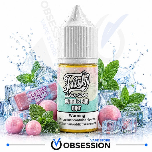 A bottle of e-liquid from 'The Fisk's' labeled 'Bubble Gum Mint' is centered against a white background with ice cubes, mint leaves, pink bubble gum balls, and water splashes. A 'Obsession' store watermark is visible in the background.