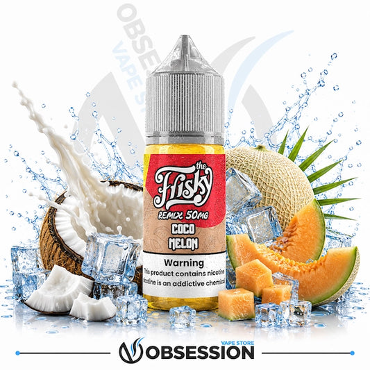 A bottle of Obsession by Fishy Vapes 'Coco Melon' e-liquid centered against a white background with water splashes, a sliced coconut, ice cubes, cantaloupe melon pieces, and melon slices. The bottle has a red and tan label with white text.