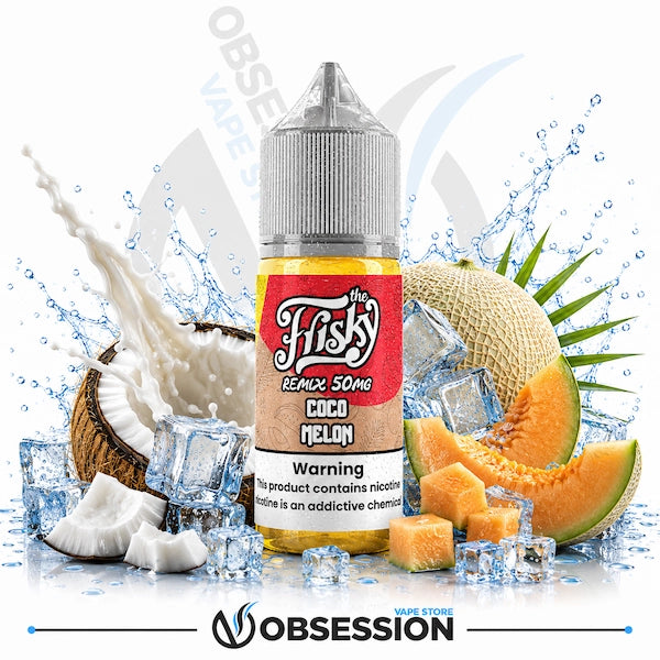 A bottle of Obsession by Fishy Vapes 'Coco Melon' e-liquid centered against a white background with water splashes, a sliced coconut, ice cubes, cantaloupe melon pieces, and melon slices. The bottle has a red and tan label with white text.