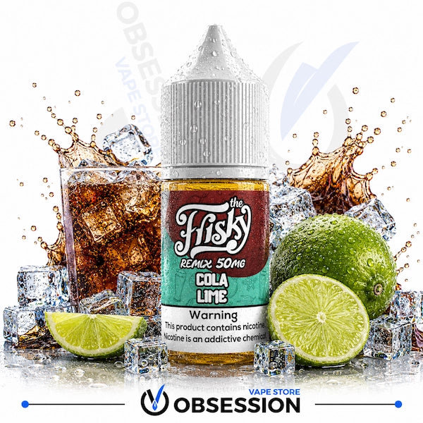 A bottle of Fisk's The Remix Cola Lime e-liquid centered on a white background, surrounded by ice cubes, a glass of cola with a splash, and lime slices. The bottle label reads 'Fisk's The Remix 50mg Cola Lime' and includes a nicotine warning.