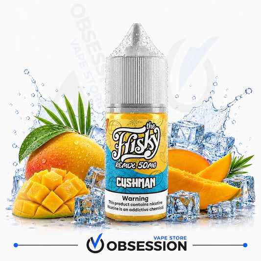 A bottle of 'The Fish's Remix 50mg' e-liquid in the flavor 'Cushman' is centered against a white background with water splashes, ice cubes, and fresh mangoes and oranges. The brand 'Obsession' is visible at the bottom.