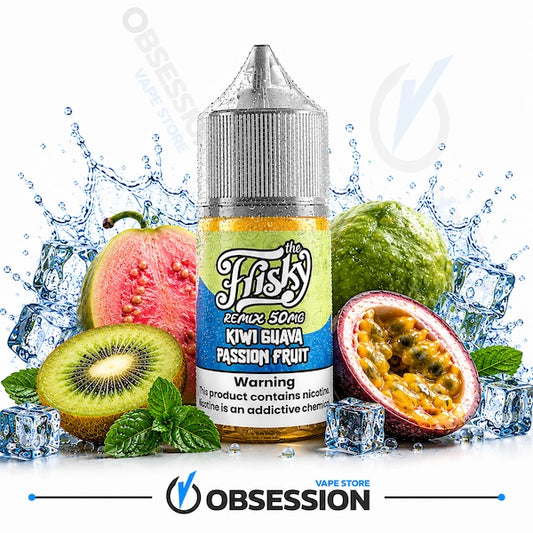 A bottle of Fisty The Remix Passion Fruit e-liquid centered on a white background, surrounded by fresh fruit slices (kiwi, guava, passion fruit), mint leaves, and ice cubes with water splashes. The bottle label reads 'Fisty The Remix 50mg Kiwi Guava Passion Fruit' and shows the Obsession / Obseseion vape store branding.
