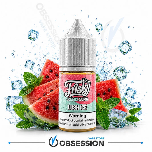 A bottle of 'The Fiskly Remix 50MG Lush Ice' e-liquid centered against a white background with water splash effects, ice cubes, and watermelon slices with mint leaves. The bottle has a silver cap and a label with pink, white, and light green sections.