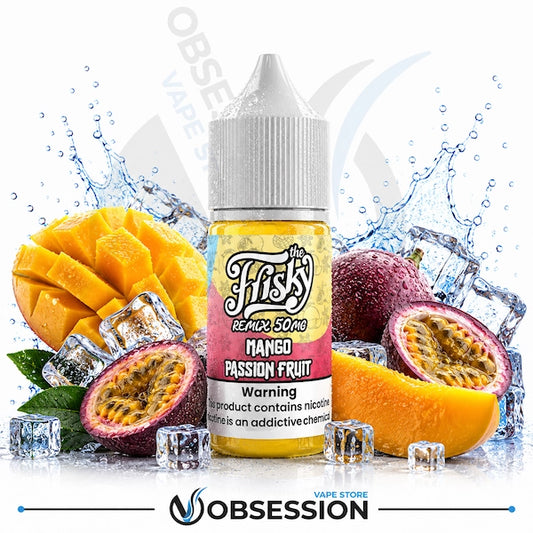 A bottle of e-liquid from 'The Fiski Remix 500' in Mango Passion Fruit flavor, displayed on a white background with a water splash graphic. The bottle is surrounded by fresh fruit slices (mango and passion fruit), ice cubes, and green leaves.